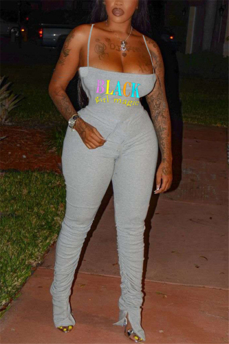 Grey Fashion Sexy Letter Print Sling Jumpsuit