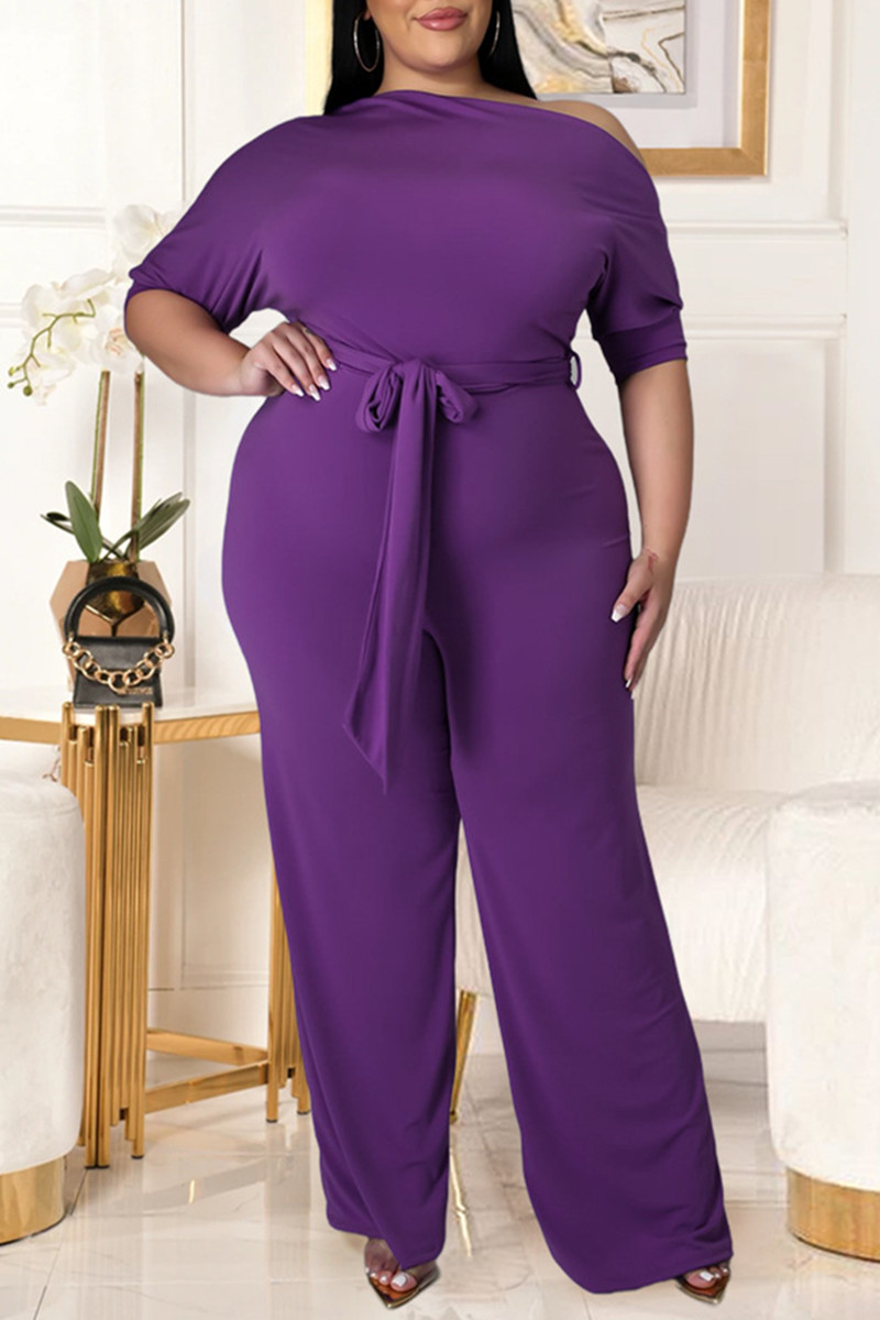 Purple Fashion Casual Solid Backless With Belt Oblique Collar Plus Size Jumpsuits_Plus Size 