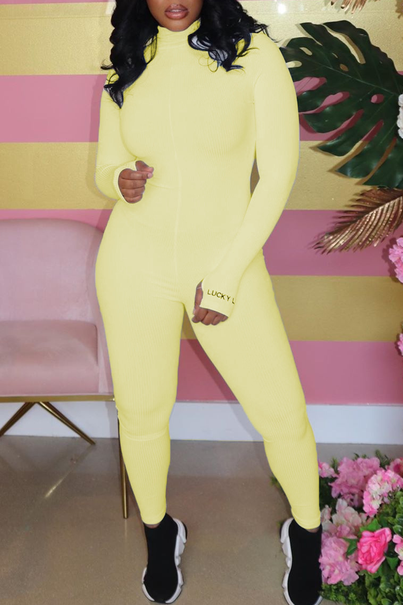 Yellow Fashion Sexy Printed Long Sleeve Jumpsuit