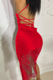 Red Fashion Sexy Solid Patchwork Backless Spaghetti Strap Sleeveless Dress Dresses