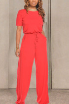 Red Casual Round Neck Short Sleeve Jumpsuit