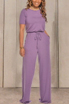 Purple Casual Round Neck Short Sleeve Jumpsuit