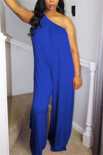 Blue Fashion Oblique Shoulder Loose Jumpsuit