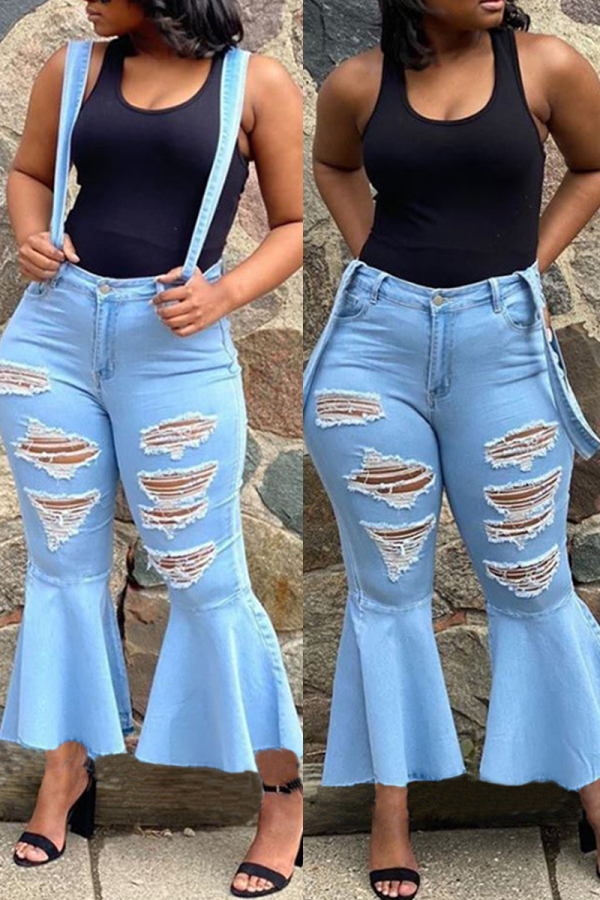 Light Blue Fashion Casual Ripped Denim Overalls