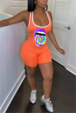 Orange Sexy Printed Sleeveless Sports Romper