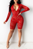 Red Fashion Sexy Solid Hollowed Out See-through Zipper Collar Skinny Romper