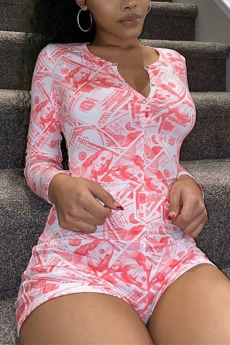 Red Sexy Fashion Print Long Sleeve Romper
