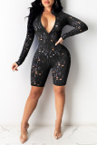 Black Fashion Sexy Solid Hollowed Out See-through Zipper Collar Skinny Romper