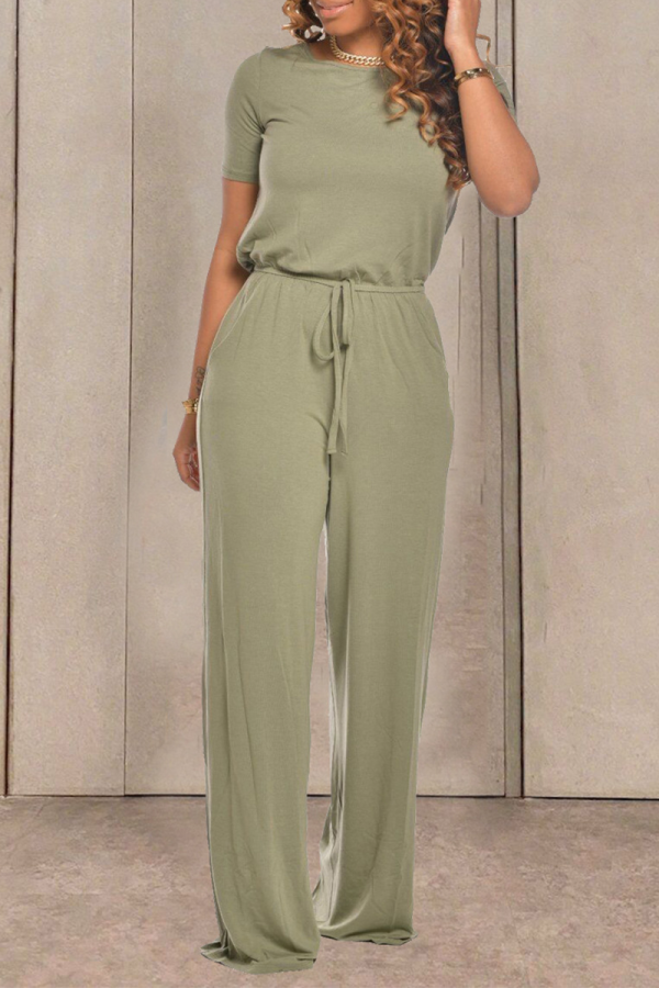 Army Green Casual Round Neck Short Sleeve Jumpsuit