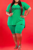 Green Fashion Casual Letter Print Slit V Neck Plus Size Two Pieces