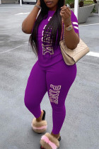 Dark Purple Fashion Casual Letter Printed Two-piece Set