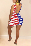 Red Sexy American Flag Stars Print U Neck Sleeveless Bodycon Romper