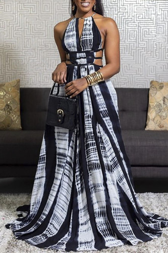 Black Fashion Sexy Print Hollowed Out Backless Halter Sleeveless Dress
