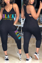 Black Fashion Casual Letter Printed Sling Jumpsuit