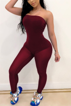 Wine Red Sexy Mesh Patchwork Strapless Jumpsuit