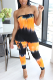 Orange Sexy Printed Strapless Tights Jumpsuit