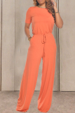 Tangerine Red Casual Round Neck Short Sleeve Jumpsuit