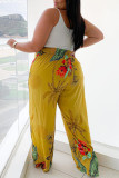 Yellow Fashion Casual Print Basic Plus Size Trousers