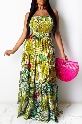 Yellow Fashion Sexy Print Backless Spaghetti Strap Sleeveless Dress