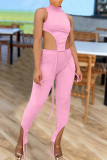 Pink Fashion Sexy Solid Asymmetrical Turtleneck Sleeveless Two Pieces