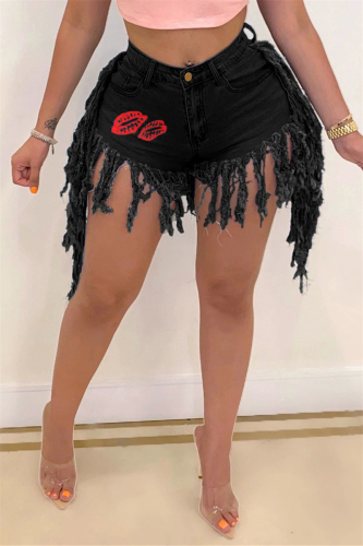 Black Fashion Sexy Print Tassel Mid Waist Straight Jeans