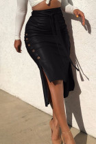 Black Brown PU Drawstring Sleeveless High Patchwork Solid bandage Split A-line skirt Capris Bottoms