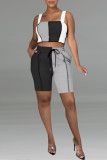 Black Fashion Casual Patchwork Backless Square Collar Sleeveless Two Pieces