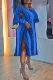 Blue Fashion Casual Solid Slit V Neck Long Sleeve Dresses