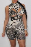Leopard Print Fashion Sexy Print Hollowed Out Half A Turtleneck Skinny Romper