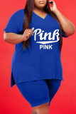 Red Casual Letter Solid Patchwork V Neck Plus Size Two Pieces