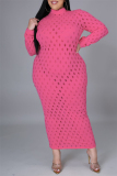 Yellow Sexy Solid Hollowed Out See-through Half A Turtleneck Long Sleeve Plus Size Dresses