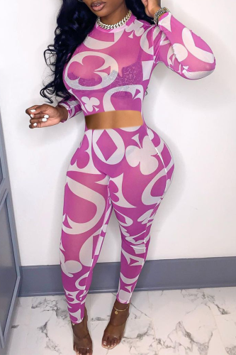 Pink Sexy Print Patchwork O Neck Long Sleeve Two Pieces