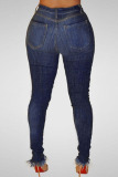 Blue Denim Zipper Fly Mid Solid Hole washing pencil Pants Bottoms