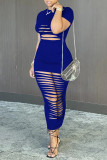 Royal Blue Fashion Sexy Solid Ripped Hollowed Out O Neck Short Sleeve Dress