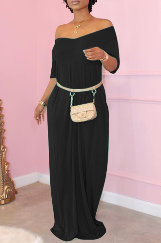 Black Fashion Casual Solid Basic V Neck Short Sleeve Dress