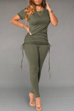 Army Green Fashion Casual Solid Basic O Neck Short Sleeve Two Pieces