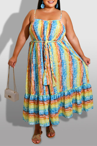 Yellow Sexy Casual Plus Size Print Backless Spaghetti Strap Sleeveless Dress