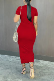 Red Fashion Sexy Solid Ripped Hollowed Out O Neck Short Sleeve Dress