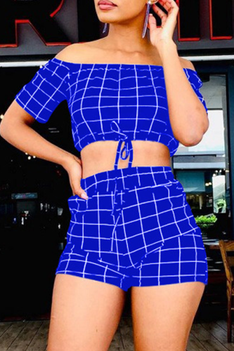 Blue Casual Print Patchwork Off the Shoulder Short Sleeve Two Pieces