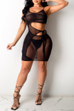 Black Sexy Solid Hollowed Out See-through Backless Strap Design Spaghetti Strap Dress
