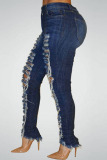 Blue Denim Zipper Fly Mid Solid Hole washing pencil Pants Bottoms