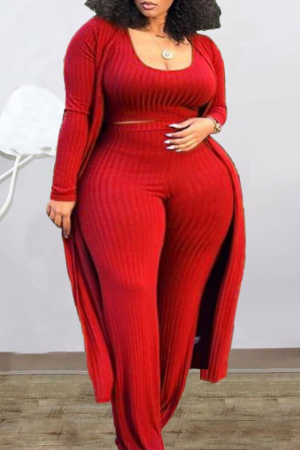 Red Casual Solid Split Joint O Neck Plus Size Three Pieces