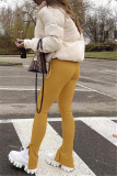 Earth Yellow Fashion Casual Solid Slit Regular Mid Waist Conventional Solid Color Bottoms
