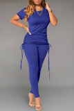 Blue Fashion Casual Solid Basic O Neck Short Sleeve Two Pieces