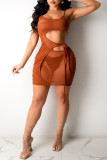 Khaki Sexy Solid Hollowed Out See-through Backless Strap Design Spaghetti Strap Dress