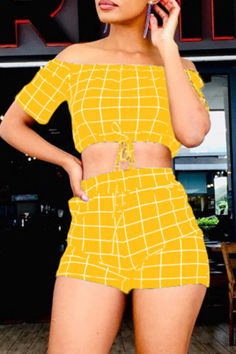 Yellow Casual Print Patchwork Off the Shoulder Short Sleeve Two Pieces