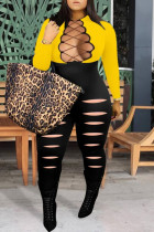 Yellow Sexy Casual Patchwork Ripped Hollowed Out O Neck Plus Size Jumpsuits