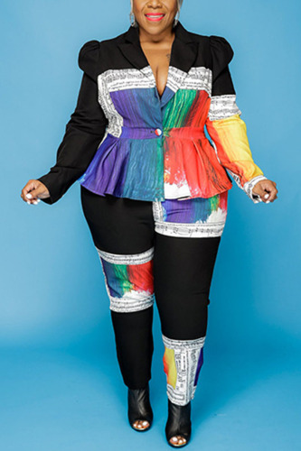 Black Work Daily Print Rivets Patchwork Tie-dye Turn-back Collar Plus Size