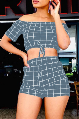 Grey Casual Print Patchwork Off the Shoulder Short Sleeve Two Pieces