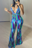 Red Fashion Sexy Print Backless V Neck Regular Jumpsuits